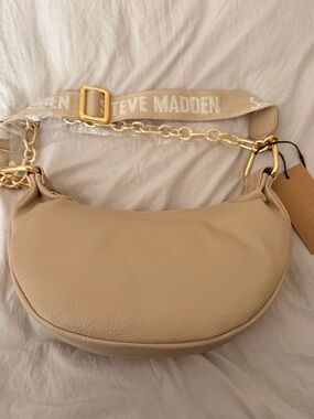 Steve Madden Neutral Crescent Shoulder Bag with Gold Chain